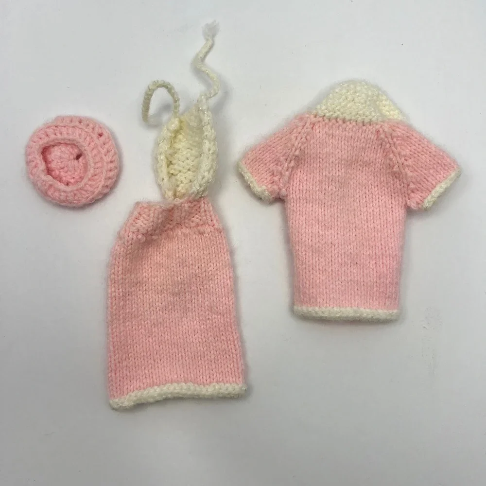 Vintage Handmade Knit Barbie Doll Outfit Set Halter Dress Sweater Hat Pink White